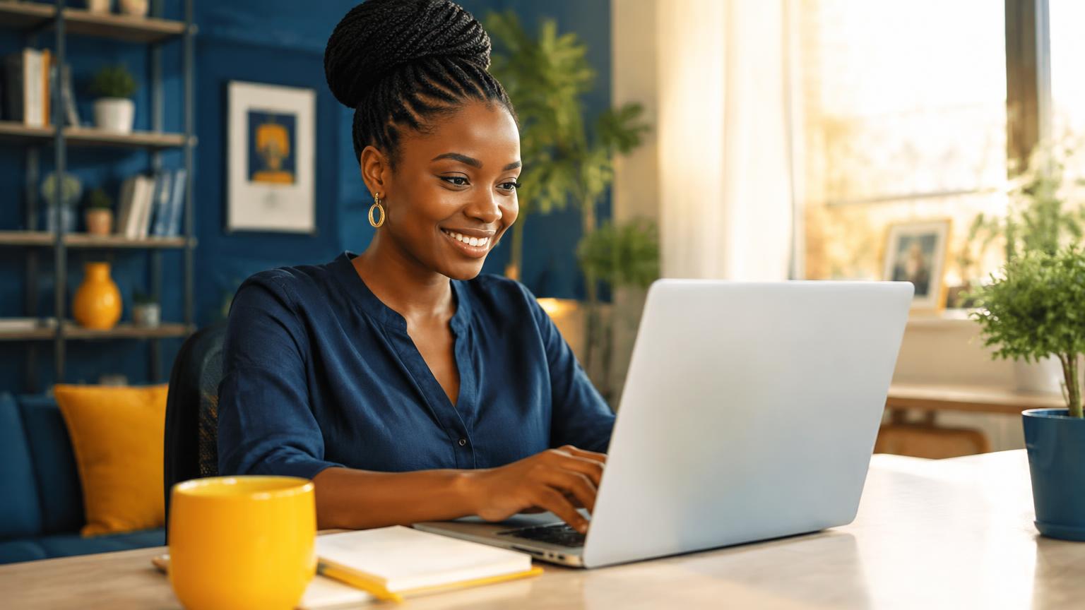 A smiling woman working happily on her laptop in a bright office